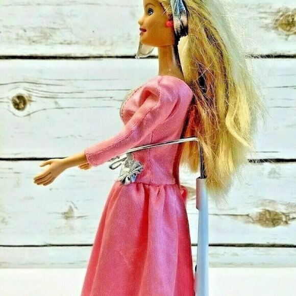 MATTEL BARBIE Blonde Hair Blue Eyes Pink Gray Long Dress 12" Tall - Picture 8 of 12